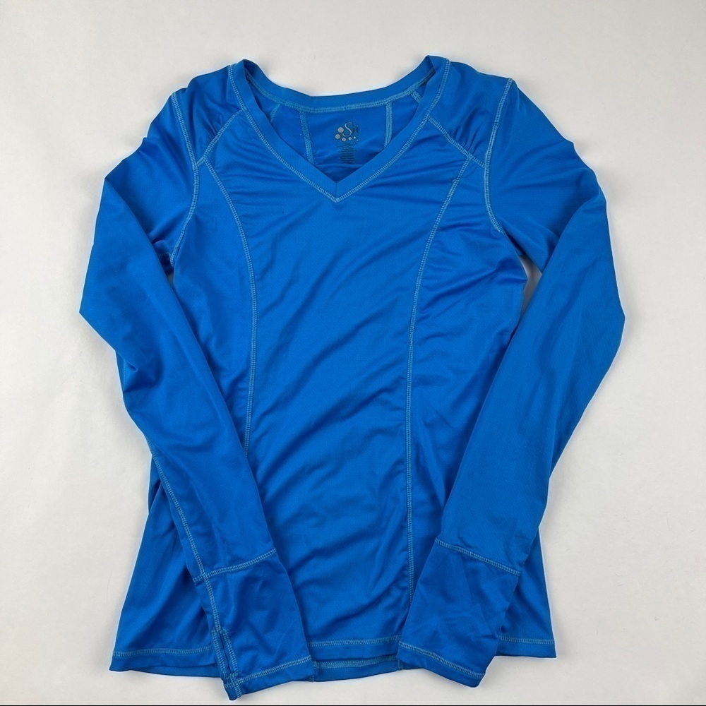 Sm Performance Tshirt Womens Small Blue Long Sleeve Thumb Holes